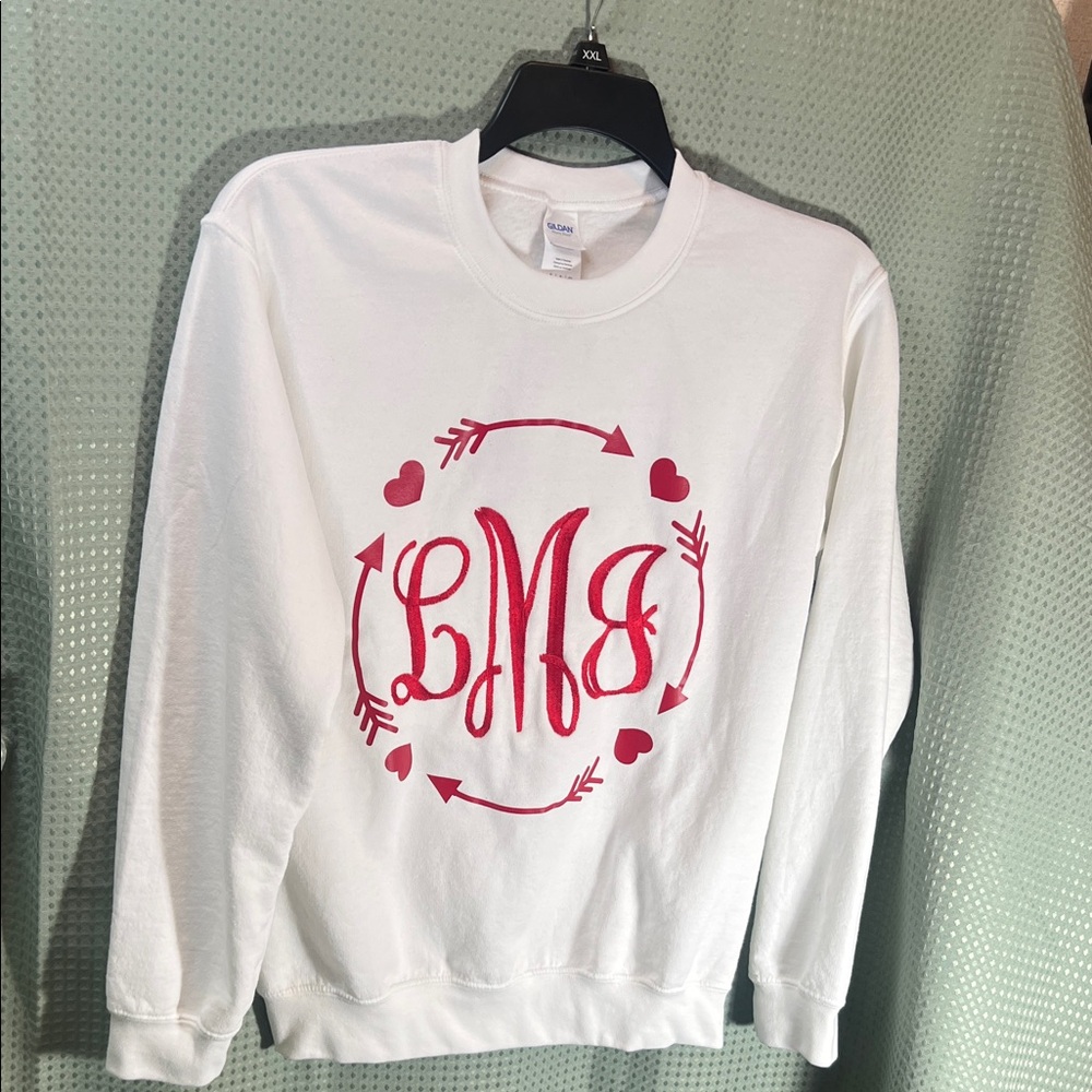 Gildan White Sweater with Red Monogram